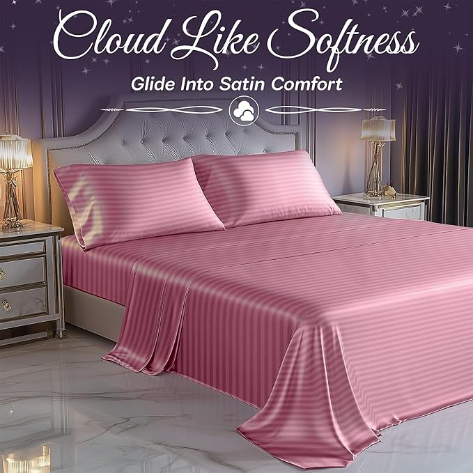 SLEEP SANCTUARY Satin Sheets Twin Size – 3 Piece Luxury Silky Bed Set, Softer Than Silk, 15" Deep Pocket, Cooling & Wrinkle-Free, Moisture-Wicking & Breathable for Hair & Skin (Striped Pink)