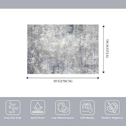 7x9 Washable Living Room Rug - Modern Abstract Neutral Indoor Rug for Dining Room, Kitchen, Bedroom, Non-Slip Low Pile Stain Resistant Carpet（Blue Grey,7x9）