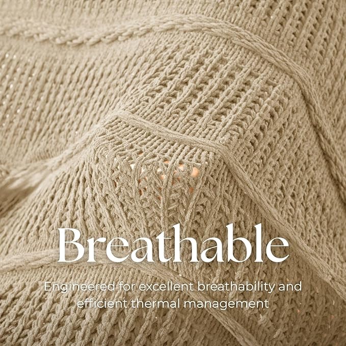 Boho Knitted Chenille Blanket with Tassels - Lightweight & Soft All-Season Throw - 3D Classic Pattern for Living Room Bedroom Couch, Sandy Beige, Throw 50"x60"