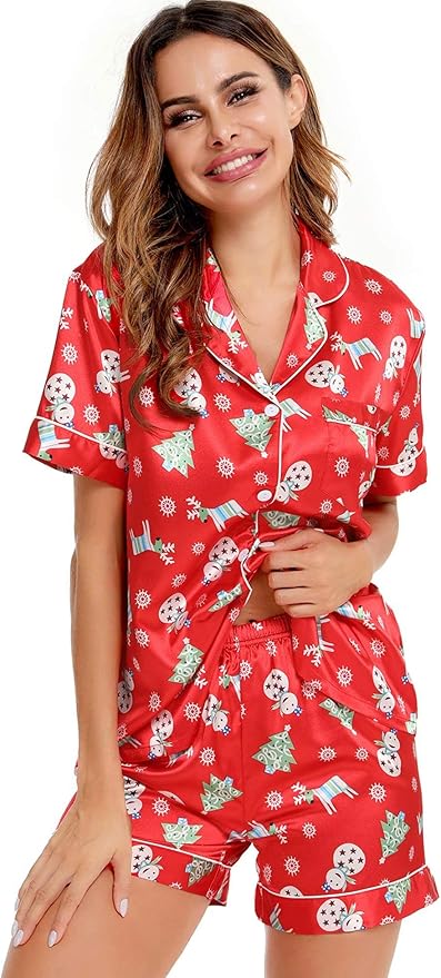 SWOMOG Womens Silk Satin Pajamas Set Short Sleeve Sleepwear Button Down Top and Shorts Loungewear 2 Piece Pjs Set XS-3XL