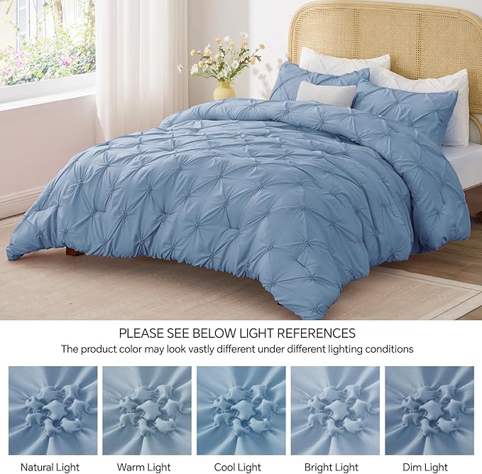 BEDELITE Cornflower Blue King Size Comforter Set - 3 Pieces Boho Pintuck Bedding Comforter Sets, Lightweight Soft & Warm King Bedding Set with 2 Pillowcases for All Season