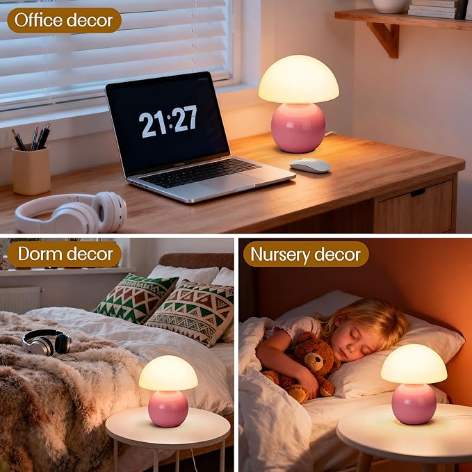 ULAROOM Small Mushroom Lamp,USB-Plug in Bedside Table Lamps with 3-Temperature LED Bulb Dimmable,Unique Cute Aesthetic Home Decor for Living Room,Bedroom, Modern Ceramic Base Glass Lamp(Pink)
