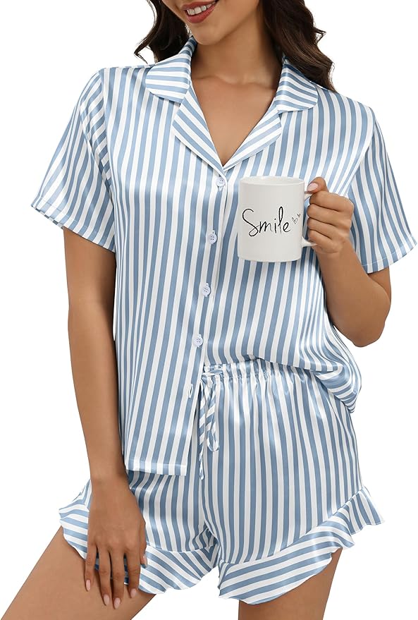 Silk Pajamas for Women Button Down 2 Piece Satin Pjs Shorts Set Ruffle Notch Collar Sleepwear Loungewear