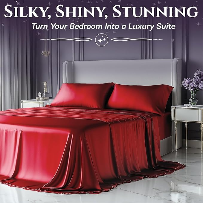 SLEEP SANCTUARY Satin Sheets Twin Size – 3 Piece Luxury Silky Bed Set, Softer Than Silk, 15" Deep Pocket, Cooling & Wrinkle-Free, Moisture-Wicking & Breathable for Hair & Skin (Red)