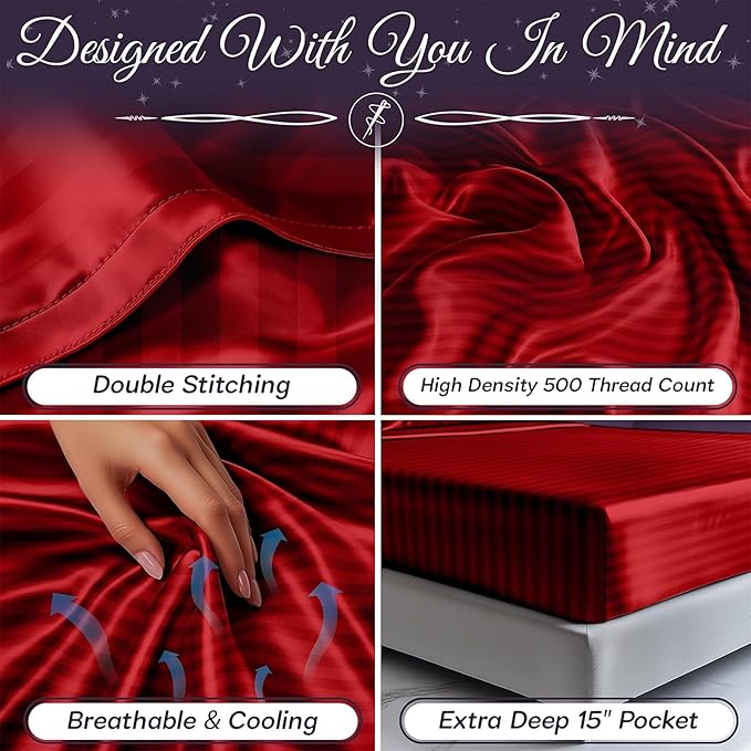 SLEEP SANCTUARY Satin Sheets Twin Size – 3 Piece Luxury Silky Bed Set, Softer Than Silk, 15" Deep Pocket, Cooling & Wrinkle-Free, Moisture-Wicking & Breathable for Hair & Skin (Striped Red)