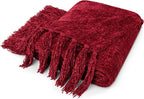 PAVILIA Burgundy Red Chenille Throw Blanket for Couch Sofa, Soft Maroon Red Knit Throw with Tassel, Decorative Blanket for Bed Chair Living Room, Wine Red 50x60
