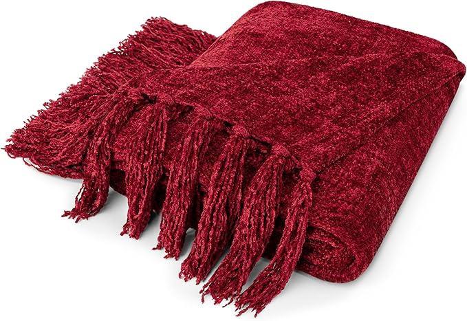PAVILIA Burgundy Red Chenille Throw Blanket for Couch Sofa, Soft Maroon Red Knit Throw with Tassel, Decorative Blanket for Bed Chair Living Room, Wine Red 50x60