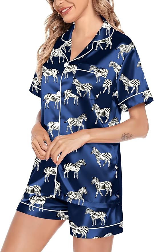 SWOMOG Satin Matching Pajamas Sets Couple Silk Button Down Nightwear Women & Men Short Sleeve Sleepwear 2 Pieces Loungewear