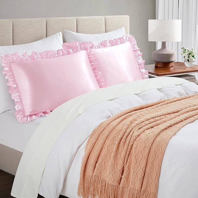 Silky Satin Ruffled Pillow Cases for Hair and Skin,Pink Silk Pillowcases Queen Set of 2 with Envelope Closure Princess Room Decoration