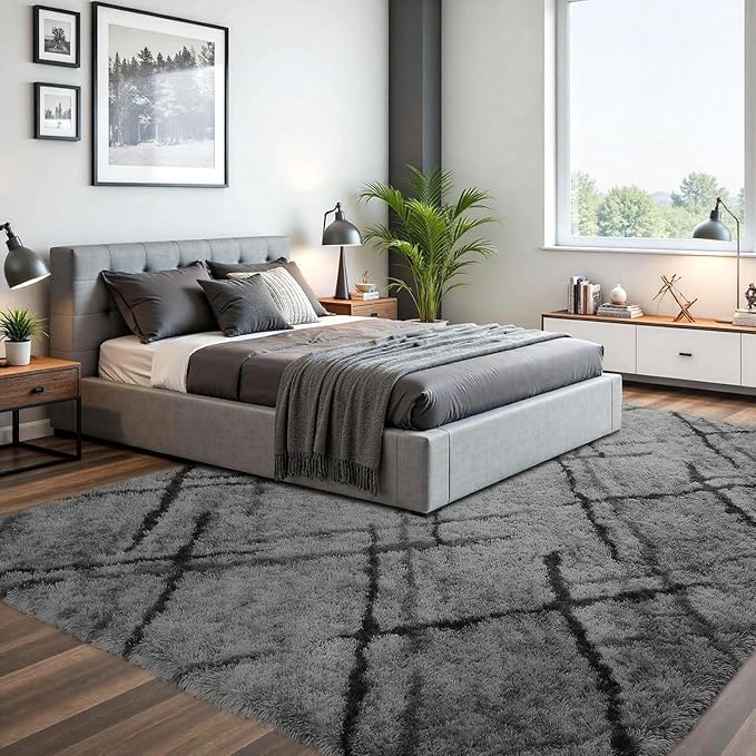 junovo 4x6 Fluffy Shaggy Area Rugs - Ultra Soft Washable High Pile Bedroom Rug for Kids, Living Room, Nursery & Dorm - Non-Slip Floor Carpet, Grey Aesthetic Home Decor