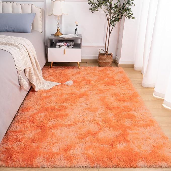 Softlife Orange Area Rug for Living Room, Fluffy Shag Plush 5x8 Rugs for Bedroom Girls Kids, Shaggy Soft Fuzzy Tie Dyed Large Carpet for Dorm Bedside Ultra Cozy Non-Slip Indoor Decor