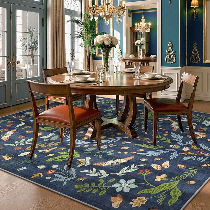 Lahome Chloe Insect Botanical Washable 8x10 Area Rugs for Living Room, Non Slip Blue Rug for Bedroom, Boho Indoor Throw Dining Room Carpet for Under Table Home Office Playroom(Dark Blue,8x10)