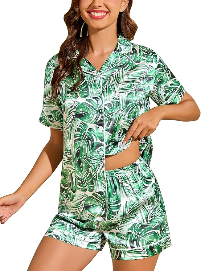 LecGee Womens Silk Satin Pajamas Short Sleeve Loungewear Two-Piece Sleepwear Button-Down Pj Set
