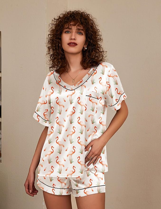 Ekouaer Silk Pajama for Women Short Sleeve Satin Pj Set Two Piece Soft Sleepwear Loungewear, S-XXL