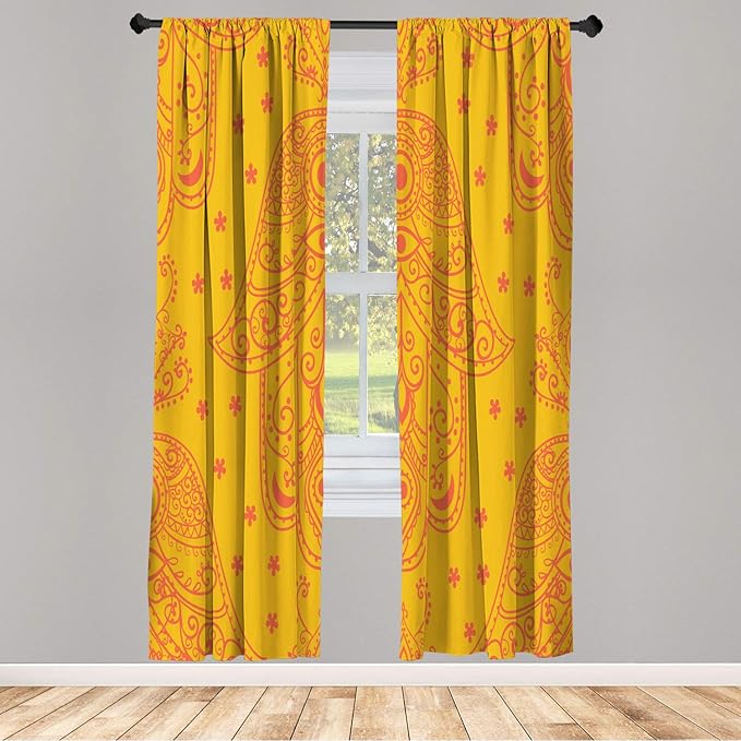 Lunarable Hamsa Window Curtains, Egyptian Boho Hand Shape Pattern Eye Design Bridal Night Inspired Art, Lightweight Decorative 2-Panel Set & Rod Pocket, Pair of - 28" x 95", Earth Yellow