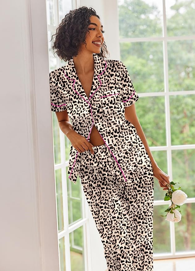 Ekouaer Silk Satin Pajamas Set Women Short Sleeve Sleepwear Soft Button Down Loungewear Pjs Set