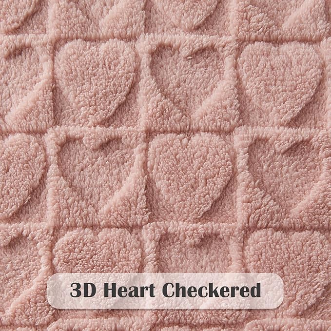 NEWCOSPLAY Super Soft Queen Blanket Dusty Pink Love Premium Silky Flannel Fleece 3D Heart Checkered Lightweight Bed Blanket All Season Use (Dusty Pink Love, Queen(90"x90"))