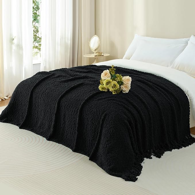 Throw Blanket for Couch, Black Luxury Knitted Throws 60"x80", Textured Blankets with Handmade Fringe Tassels for Bed Sofa Decorative, Chunky Soft Farmhouse Boho Home Decor