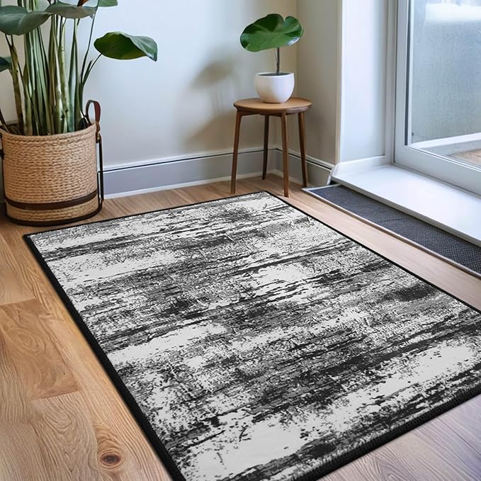 Entryway Rug Indoor Door Mat 2x3 Washable Abstract Small Area Rug Non-Slip Ultra Soft Faux Wool Boho Rug Throw Carpets for Kitchen Floor, Entryway Indoor, Bedroom Bedside, Living Room (Black and Grey)