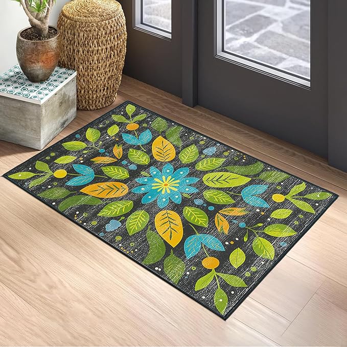 Area Rug 2x3 ft Rug Washable Boho Rugs Non Slip Low Pile Floral Small Carpet for Bedroom, Bedside, Kids Room, Office, Dining Room (Green Leaf, 2x3 ft)
