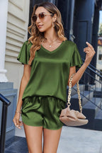 Ekouaer Women Satin Pajamas Set Ruffle Sleeves Silk Pj Set Soft V Neck Sleepwear Loungewear