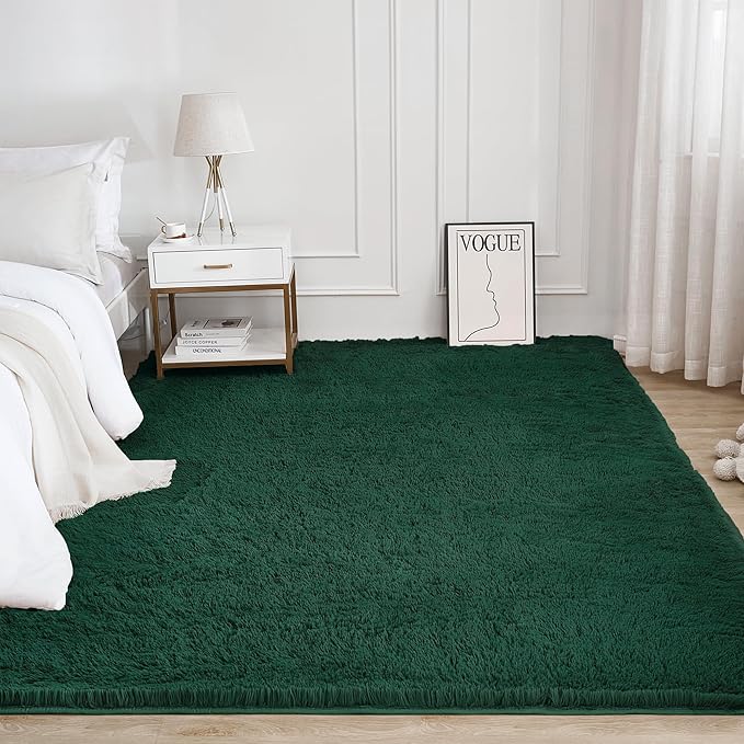 Litanika 6x9 Shag Area Rug for Living Room Bedroom, Emerald Dark Green High Pile Ultra Soft Plush Shaggy Furry Bedside Playroom Dorm Carpet, Non-Slip, Non-Shedding Modern Indoor Floor Rug
