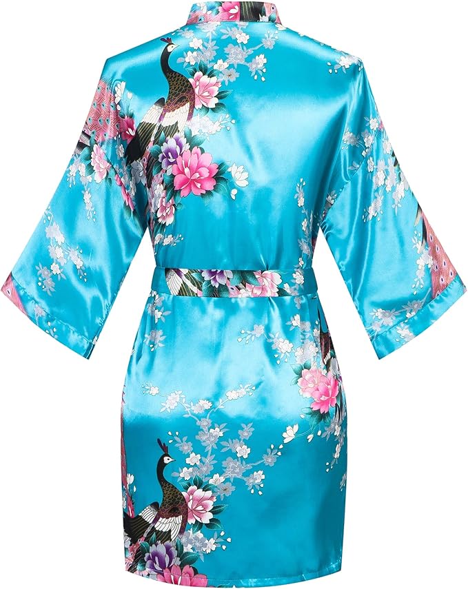 Women's Short Kimono Robes Bride and Bridesmaid Satin Floral Bathrobe Peacock Sleepwear Dressing Gown for Wedding Party
