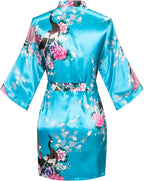 Women's Short Kimono Robes Bride and Bridesmaid Satin Floral Bathrobe Peacock Sleepwear Dressing Gown for Wedding Party