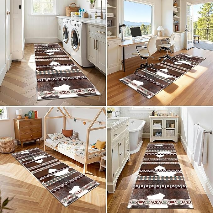 Country Cow Print Long Hallway Rug,4x8ft,Faux Cowhide Animal Print Southwestern Rugs,Western Aztec Tribal Decor Rustic Runner Rug, Non-Slip Washable Floor Mat for Kitchen Bedroom