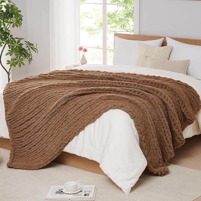L'AGRATY Chunky Knit Blanket Throw: 72''x84'' Chenille Chunky Knitted Throw Blanket for Bed Couch - Handmade Thick Big Cable Knit Blanket - Large Chunky Crochet Rope Blanket for Home Decor(Brown)