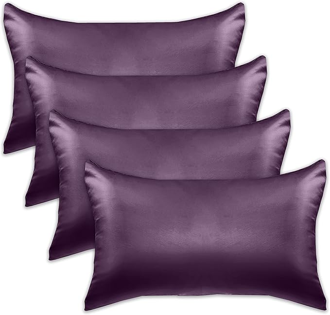 Elegant Comfort 4-PACK Purple Satin Pillowcase Set with Hidden Zipper closure, Silky Smooth for Best Hair and Skin Care - Standard/Queen