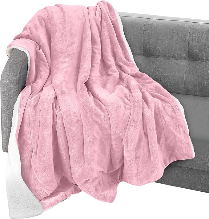 Elegant Comfort Throw Blanket, Reversible Sherpa Flannel, Ultra-Soft, Fuzzy, Cozy and Plush- All Season Lightweight Decorative Throw, 50 x 60 inches, Solid Sherpa Throw, Light Pink