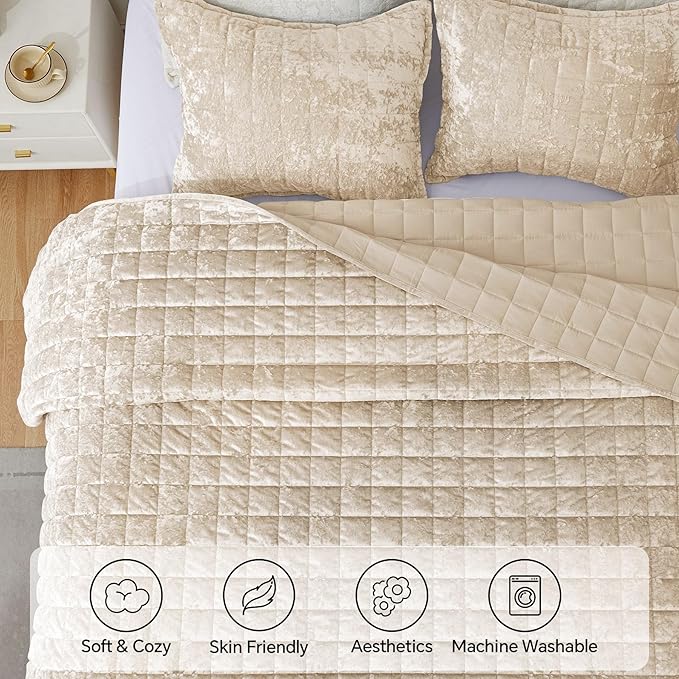 BEDELITE Velvet Quilt Set Queen Size - Luxury Velvet Comforter Bedding Set 3 Pieces, Lightweight Soft Cozy Shiny Urban Taupe Oversized Bedspread Coverlet for All Seasons with 2 Pillow Shams