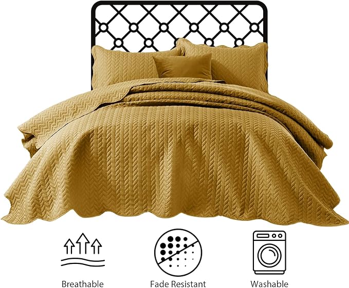 IR Imperial Rooms Queen Quilt Bedding Set (90" x 96") - Bulk Pack of 10 Wholesale for Hotels, Guest Bedroom & Airbnbs - Lightweight Microfiber Reversible Embossed Quilts Bedspreads (Ochre)