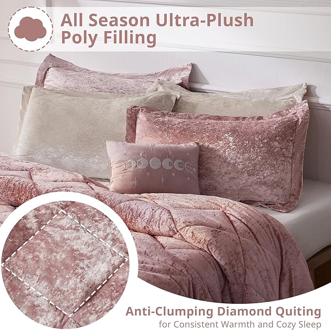 Intelligent Design Felicia Luxe Comforter Velvet Lush Double Sided Diamond Quilting, Modern All Season Bedding Set with Matching Sham, Decorative Pillow, Full/Queen(90"x90"), Blush 4 Piece