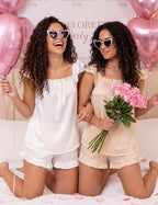 Satin Pajama Set for Women 2 Piece Silk Pjs Ruffle Sleeve Top and Shorts Cute Bridal Sleepwear Set S-XXL
