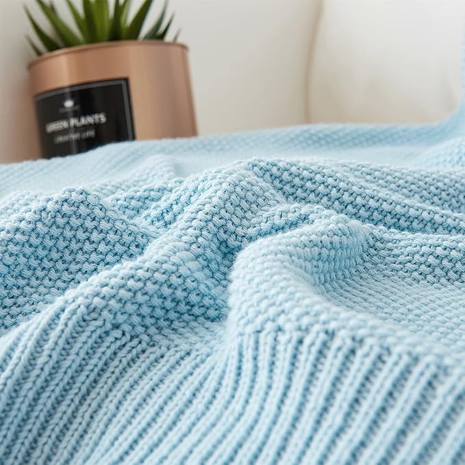 Longhui bedding 100% Cotton Light Blue Lightweight Cable Knit Throw Blanket for Couch Sofa Bed Home Décor Bonus Laundering Bag – Large 60 x 80 Inch, Machine Washable, Blue Color
