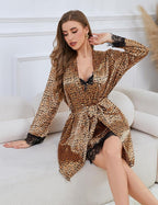 Womens Silk Lingerie Robe Nightgown 2 Piece Pajamas Set Sexy Lace V Neck Cami Satin Sleepwear
