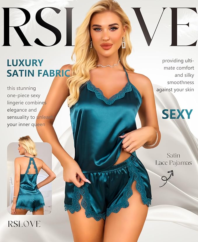 RSLOVE Women Pajama Set Sleepwear - Satin Pajamas Silk V Neck Cami and Shorts Pjs 2 Piece Womens Sexy Lace Lounge Nightwear