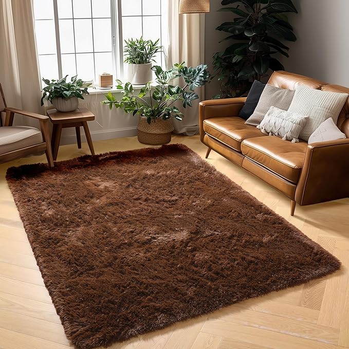 Amdrebio Dark Brown Area Rugs for Bedroom Living Room, 5x7 Fluffy Shaggy Plush Rugs for Kids Room Decor Aesthetic, Fuzzy Furry Chocolate Coffee Modern Cool Carpet for Classroom Playroom Dorm Nursery
