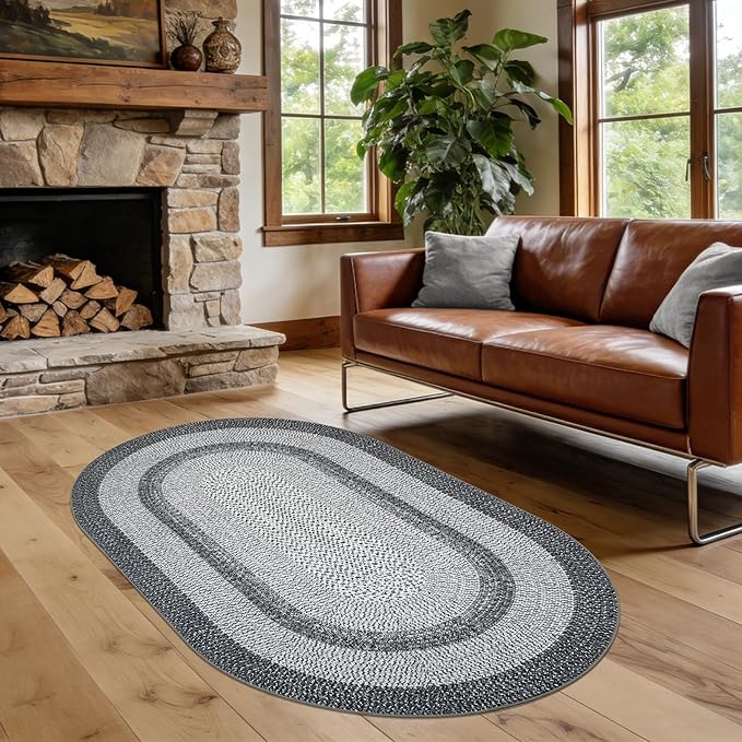 5x8 Oval Living Room Area Rug Washable Modern Border Bedroom Bedside Area Rugs Non Slip Low Pile Dining Room Oval Throw Carpet Contemporary Rugs for Living Room Kitchen Nursery, Grey