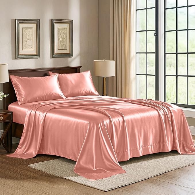 Satin Sheets Twin [3-Piece, Blush Pink] Hotel Luxury Silky Bed Sheets - Extra Soft 1800 Microfiber Sheet Set, Wrinkle, Fade, Stain Resistant - Deep Pocket Fitted Sheet, Flat Sheet, Pillow Cases