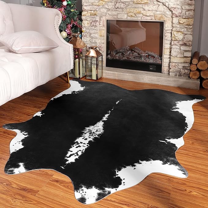 HOMORE Cowhide Rug, Cute Cow Print Rug for Living Room Faux Cow Hide Animal Print Carpet for Bedroom Office Table, 4.6 x 5.2 Feet, Black