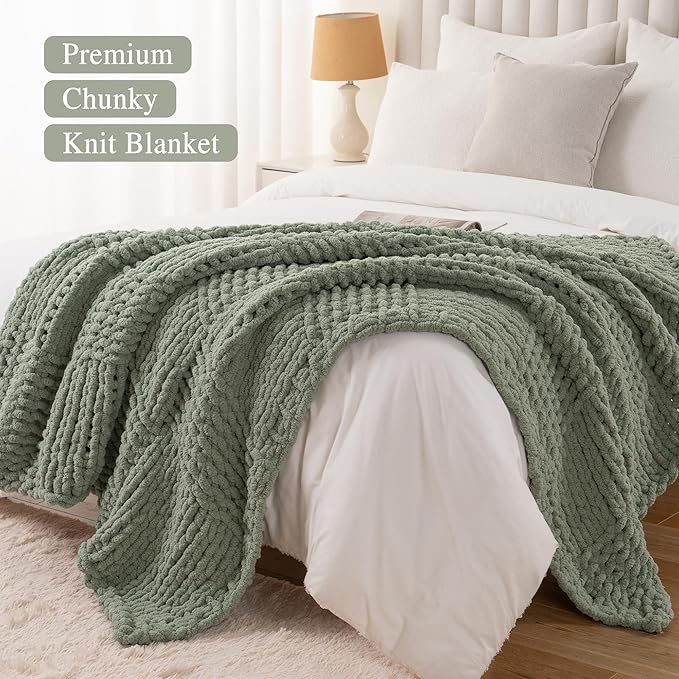 Bunnikins & Clover Sage Green Throw Blanket for Couch, Chunky Knit Blanket Throw with Chenille Yarn for Bed Living Room Home Decor, 50"x60"