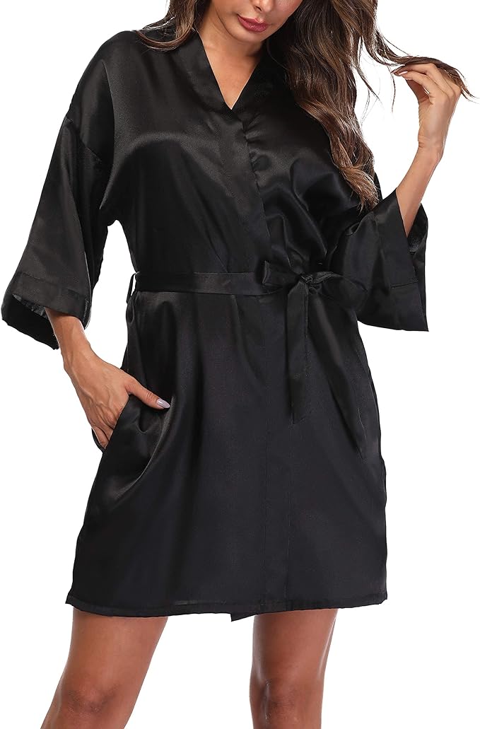 Women's Satin Kimono Robes Short Silky Bathrobe Solid Color/Floral Bridal Wedding Party