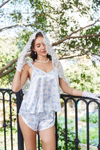 Ekouaer Satin Pajama Set for Women, Backless Silk Lingerie Pjs Back Tie-up Camisole Top and Shorts with Ruffle Sleepwear