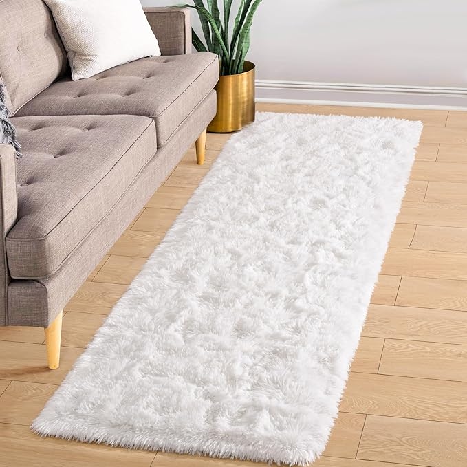 ISEAU Runner Rug for Bedroom, 2x6 Feet Shag Area Rug with Upgrade Non Slip, Fluffy Carpet Runner for Hallway, Fuzzy Soft Living Room Rugs for Kids Girls Bedroom Decor, Cream White