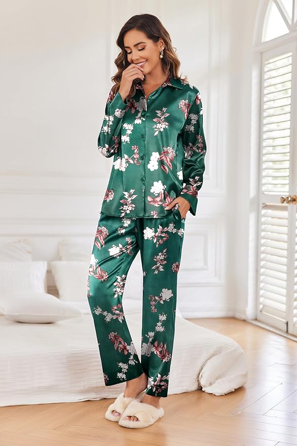 Ekouaer Women Satin Silk Pajamas Classic Long Sleeve Button Down Pjs Set Soft Loungewear
