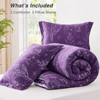 Love's cabin Dark Purple Comforter Set Queen - Queen Size Comforter Set, 3 Pieces Cute Floral Bedding Sets for All Seasons,1 Soft Reversible Botanical Flowers Comforter and 2 Pillow Shams