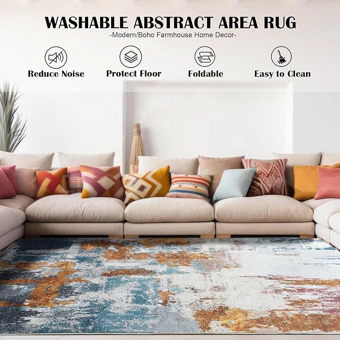 Area Rug 8x10 Washable Rugs Modern Abstract Area Rug Soft Non-Slip Non-Shedding Faux Wool Stain Resistant Floor Carpets for Living Room Bedroom Dining Room Kids Room Home Office (Blue, Grey, Gold)
